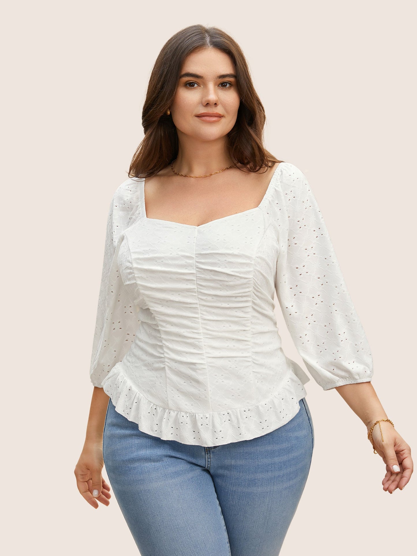 Broderie Anglaise Ruched Lantern Sleeve Blouse
