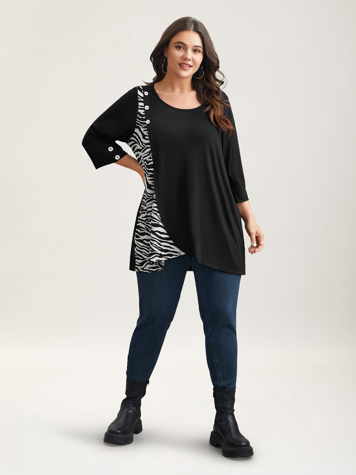 Zebra Print Panel Round Neck T-Shirt