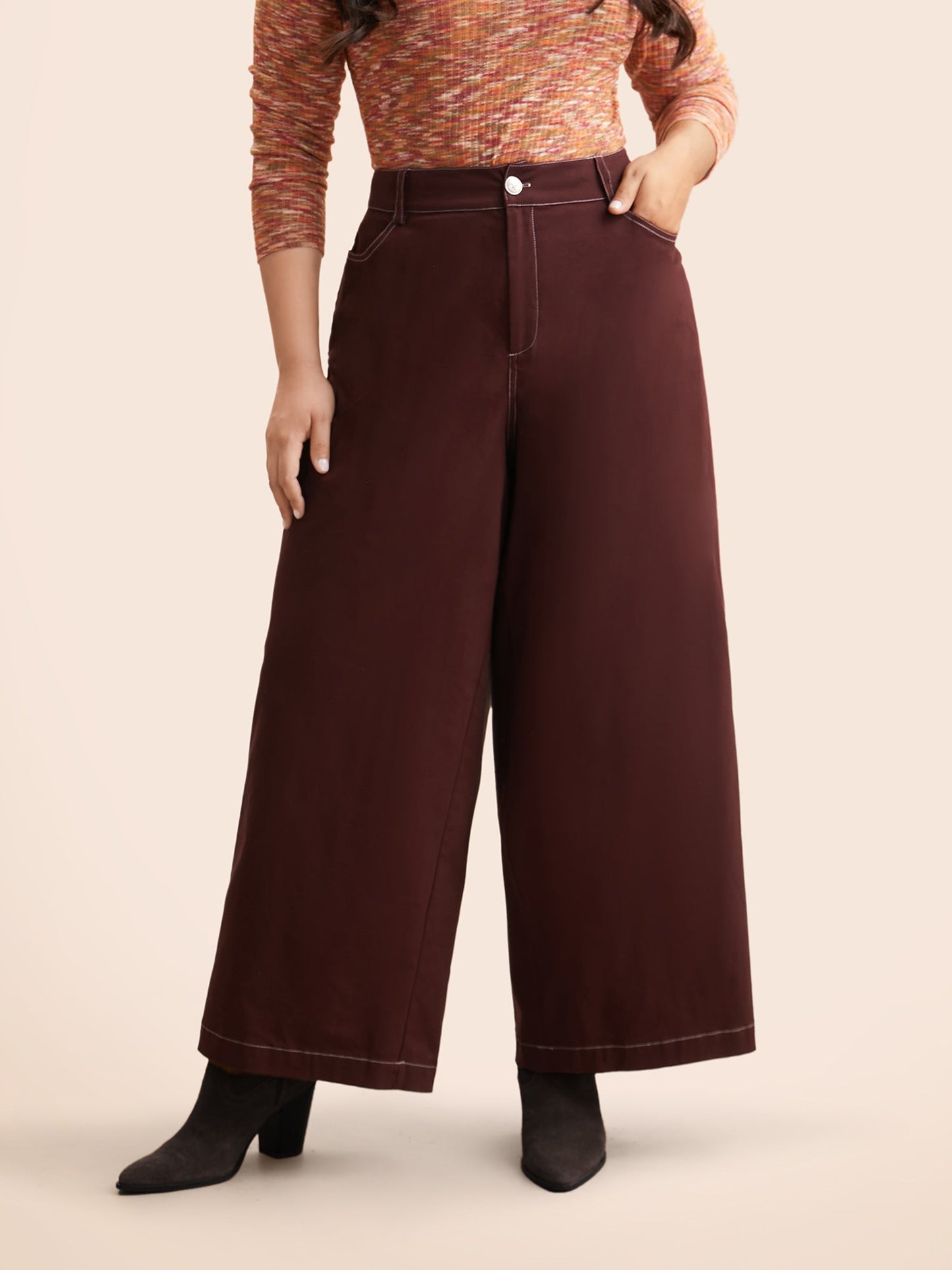 Mid Rise Contrast Trim Wide Leg Pants