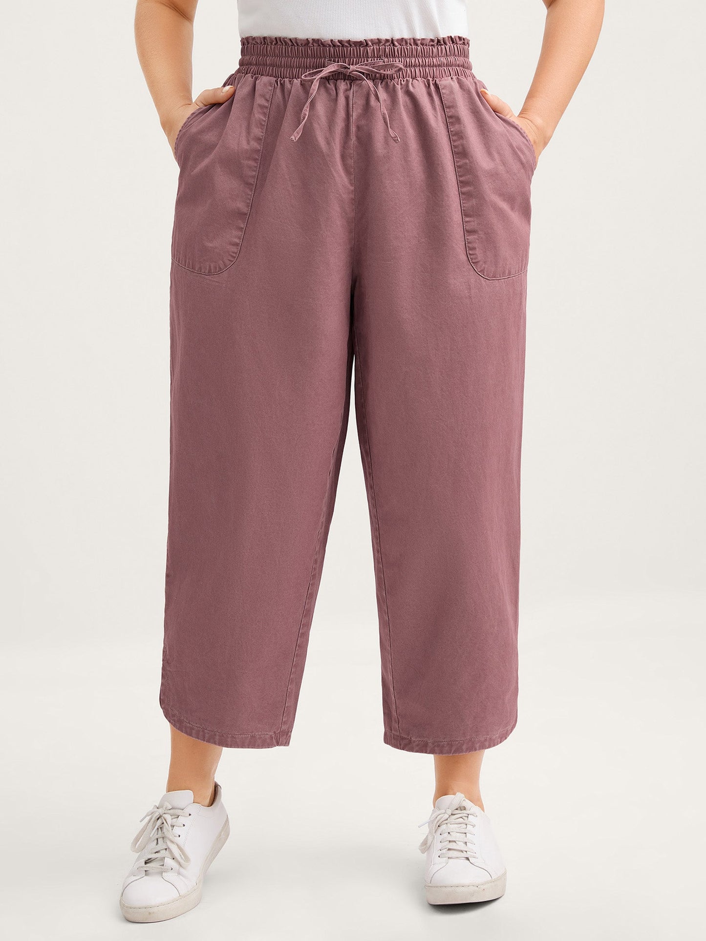 Cotton Shirred Wide Waistband Hem Slit Pants