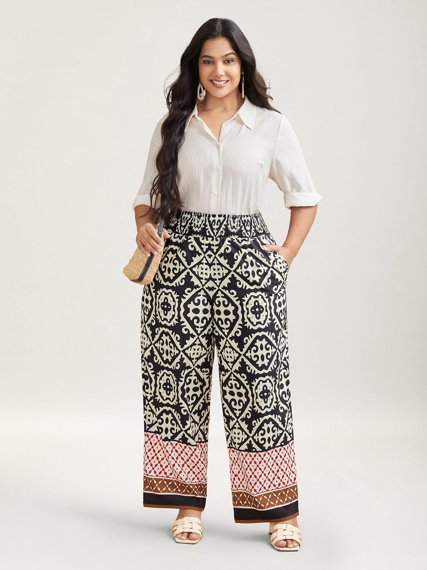 Ornate Print Contrast Hem Straight Leg Pants