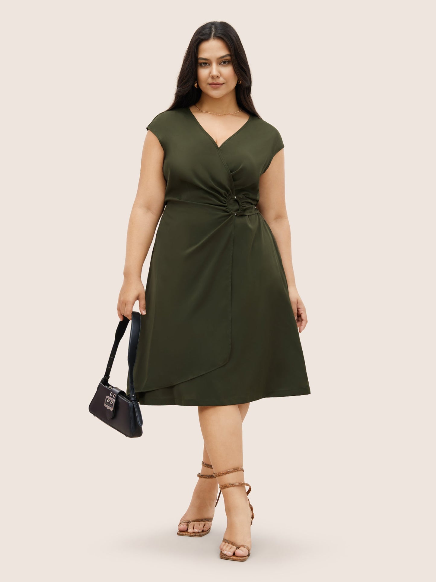 Plain Buckle Detail Overlap Collar Cap Sleeve Dress