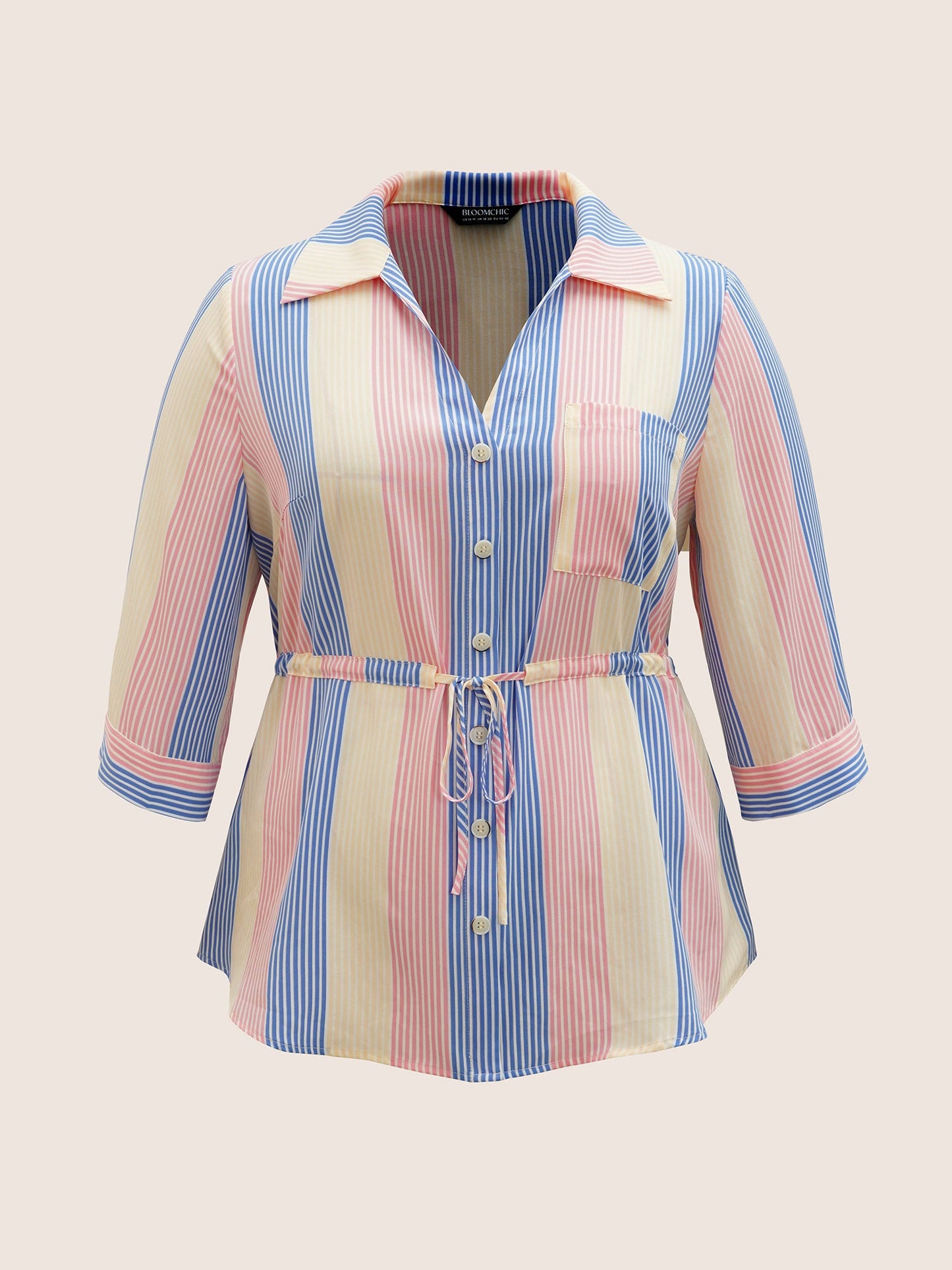 Contrast Striped Drawstring Patched Pocket Blouse