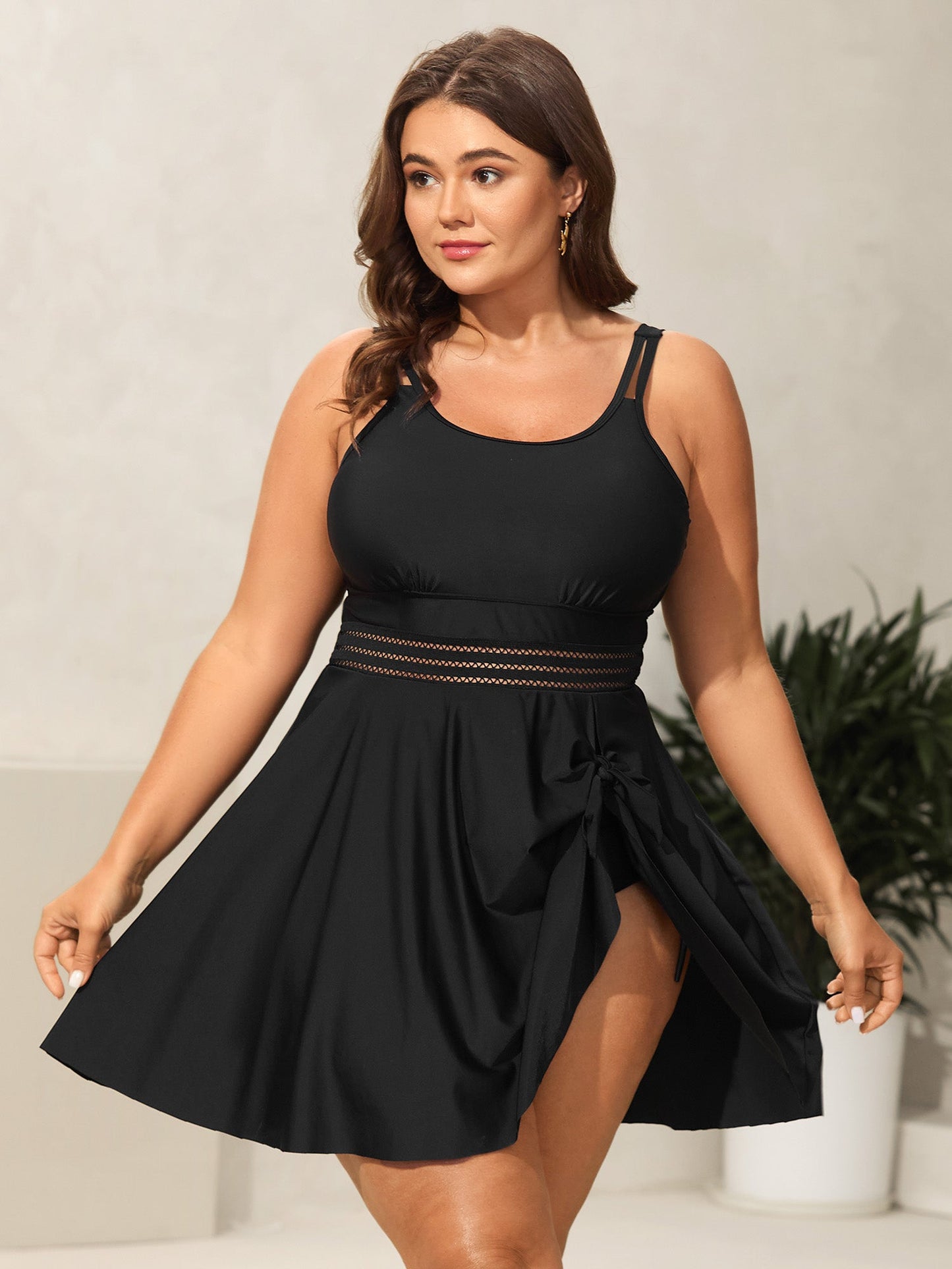 Anti-Float Ties Webbed Split Hem Swim Dress