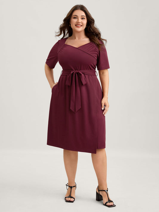 Stretchy Overlap Bodice Pockets Knit Midi Dress