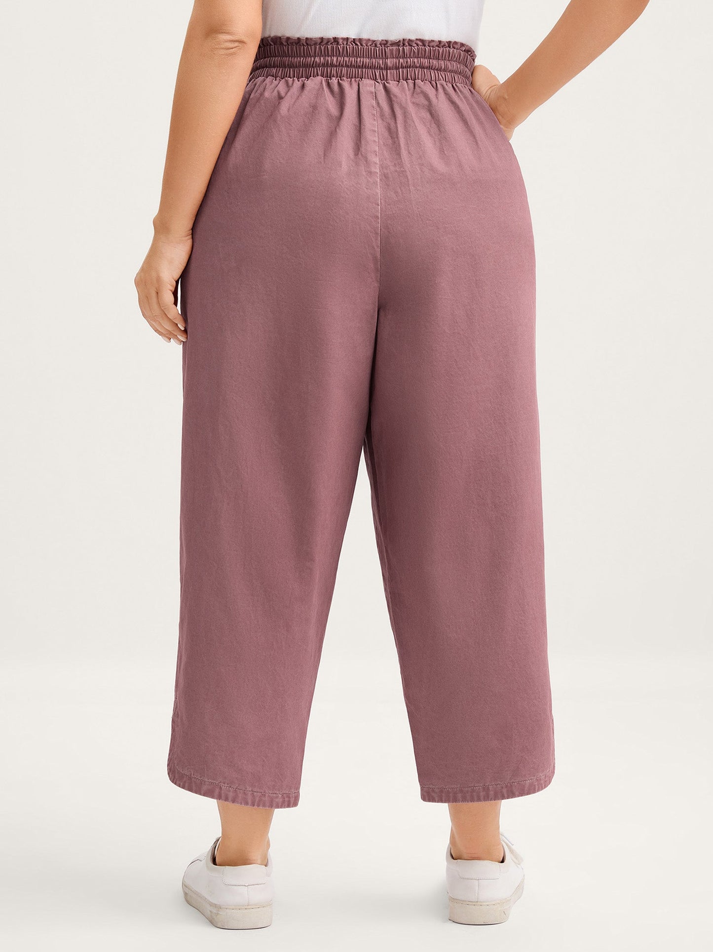 Cotton Shirred Wide Waistband Hem Slit Pants