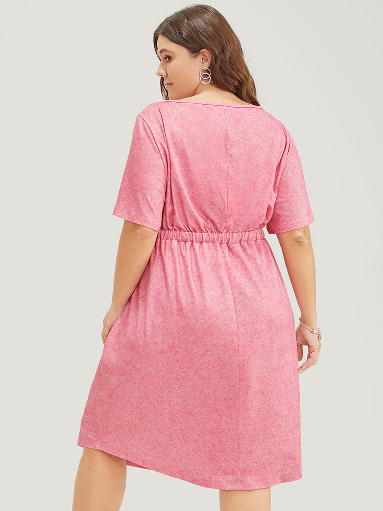 Plain Round Neck Pocket Heather Drawstring Dress