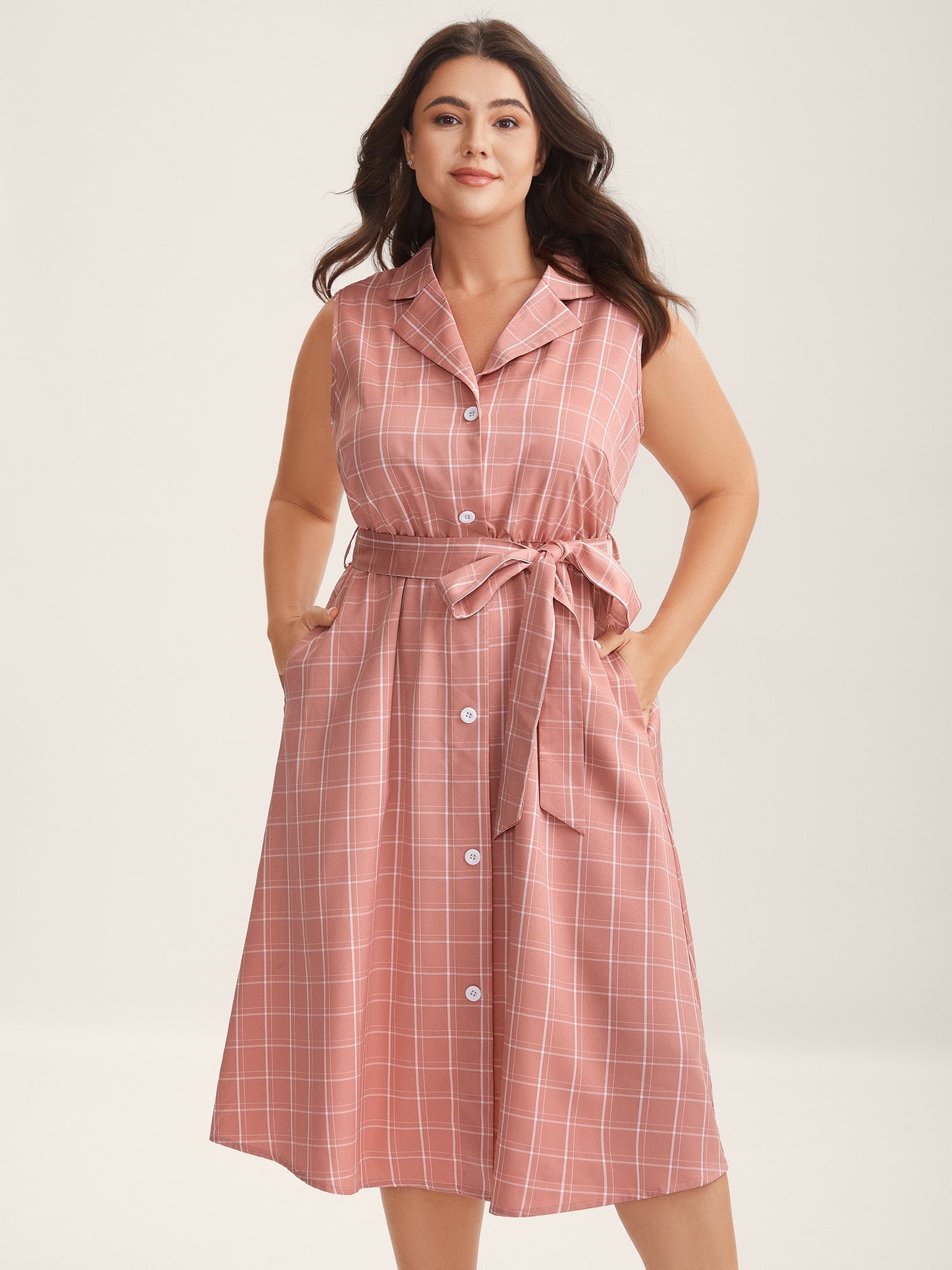Plaid Belted Pockets Shirt Dress