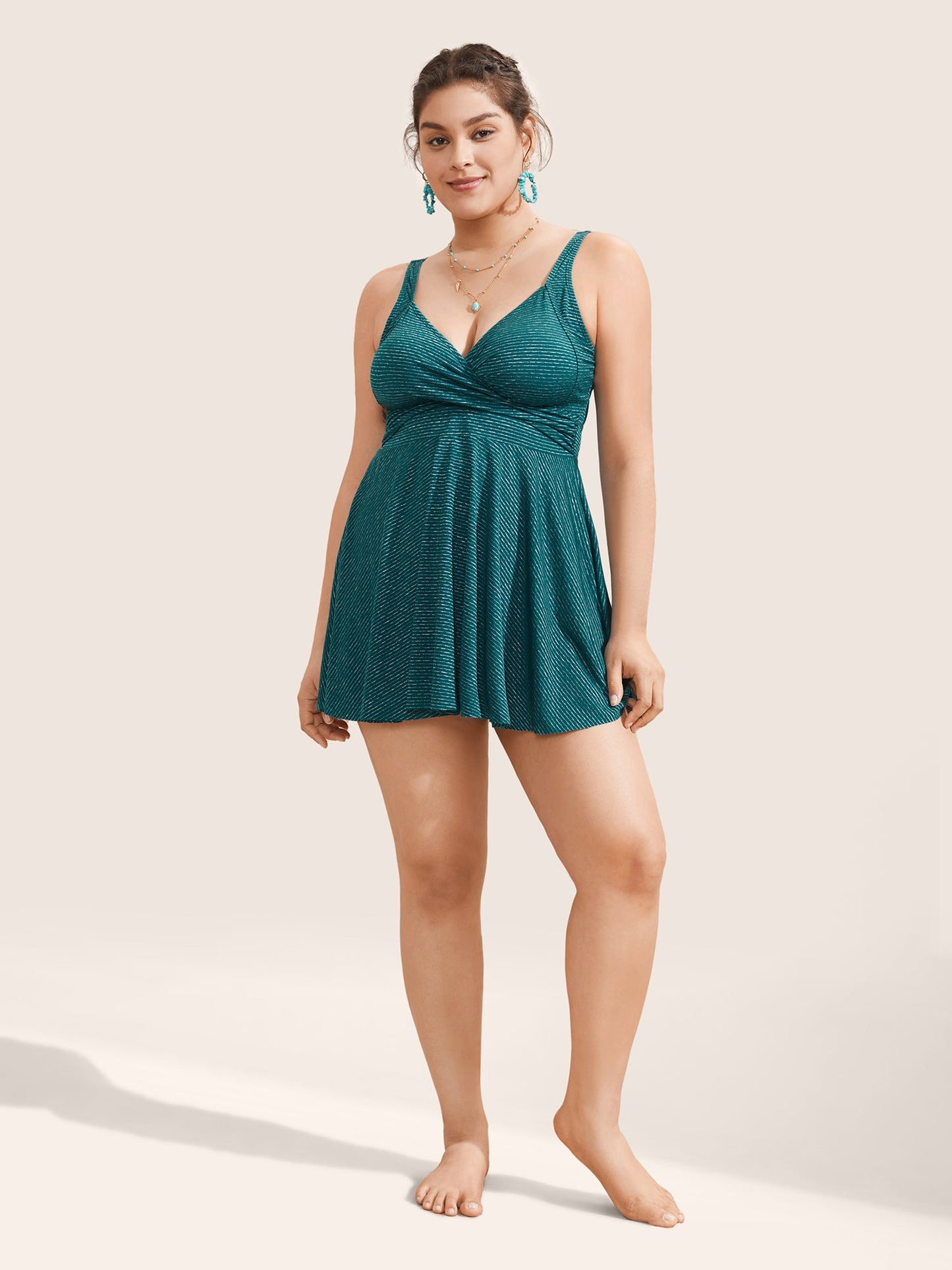 Striped Twist Front Adjustable Straps Swim Dress