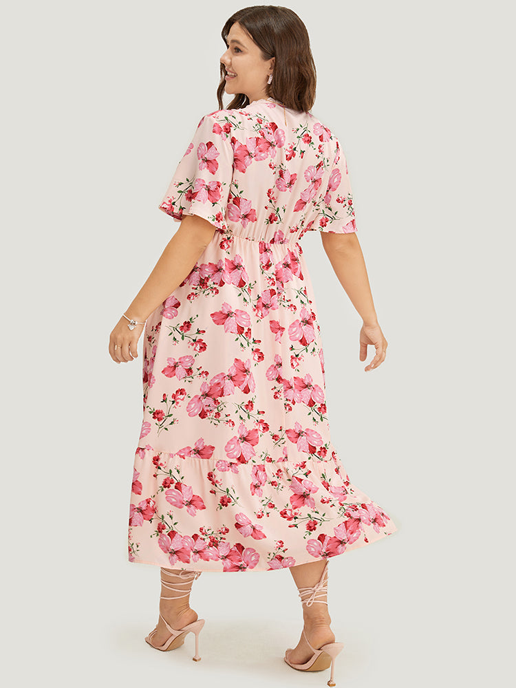 Floral Print Lace Pocket Ruffle Hem Empire Waist Dress