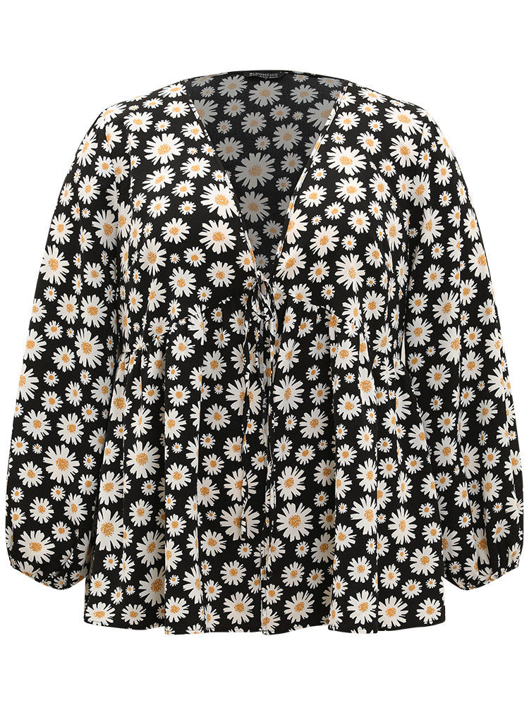 Daisy Floral Ties Front Elastic Cuffs Kimono