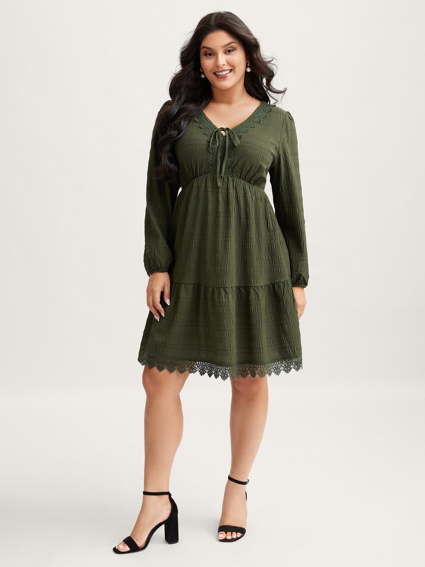Textured Lace Adjustable Neck-Tie Midi Dress