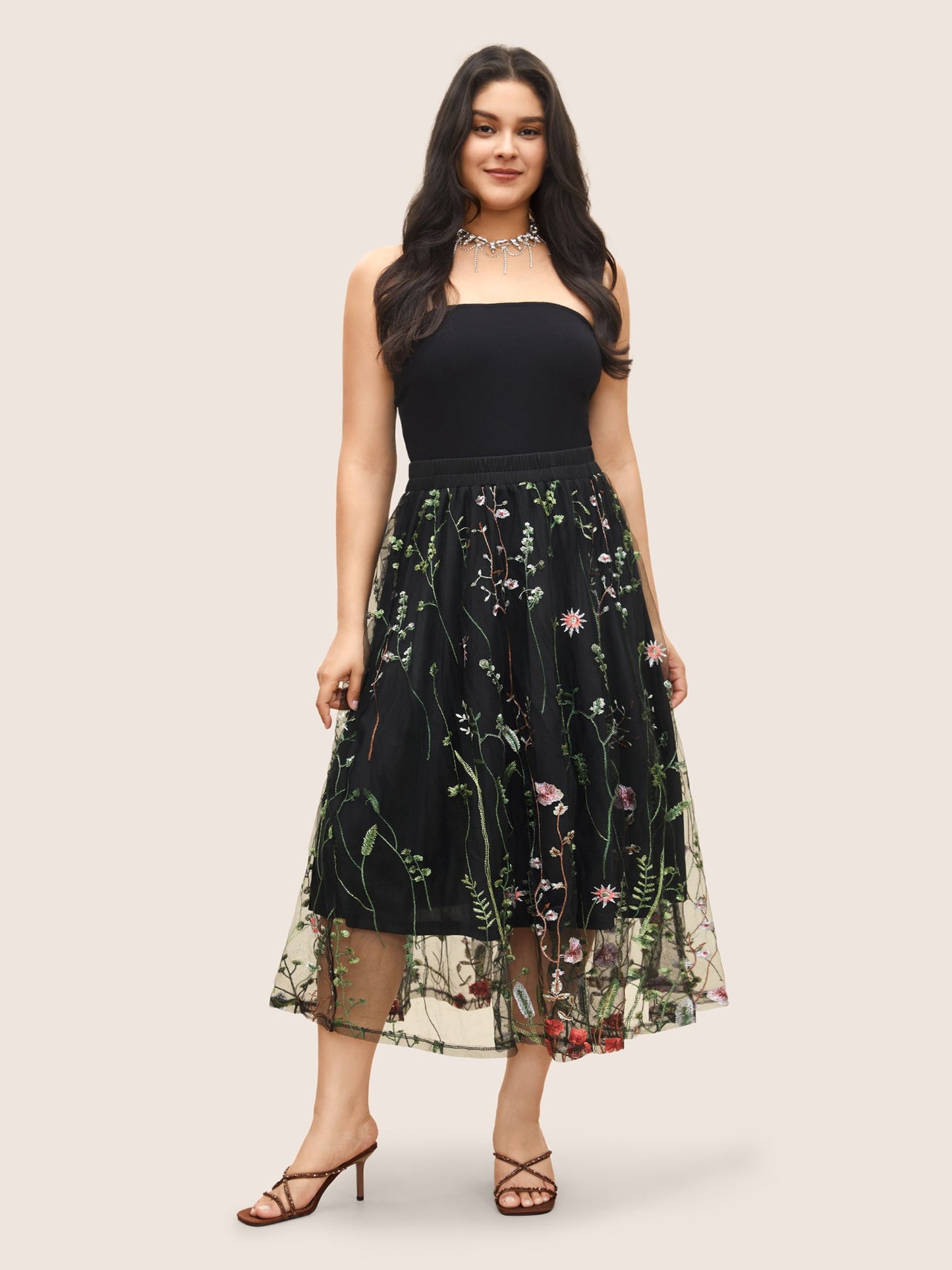 Plants Embroidered Mesh Elastic Waist Skirt