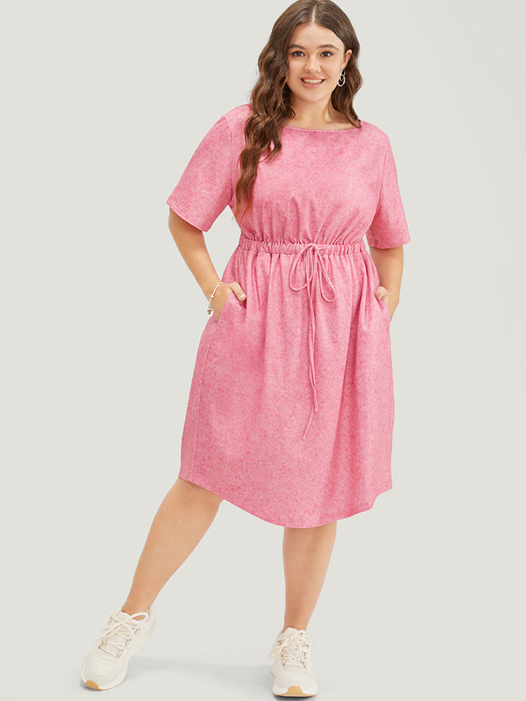 Plain Round Neck Pocket Heather Drawstring Dress