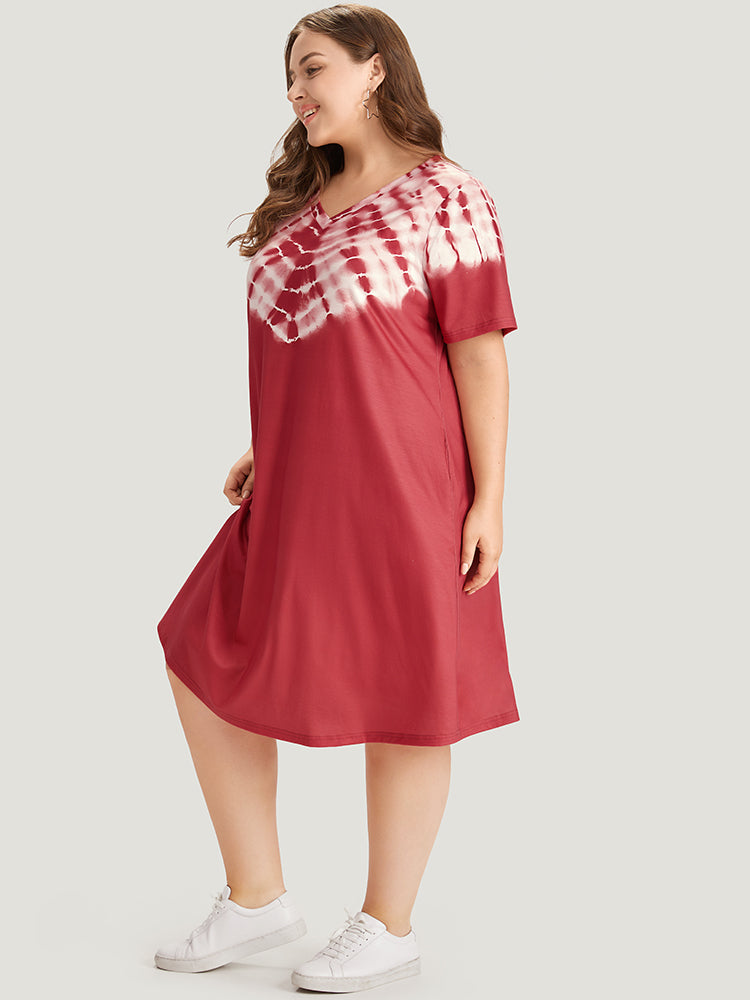 Tie Dye Pocket V Neck Knee Dress