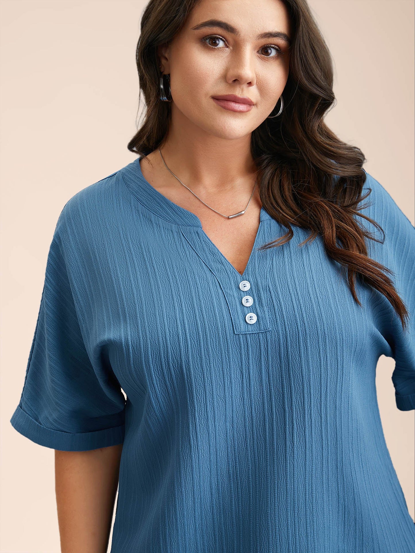 Notched Collar Textured Button Blouse