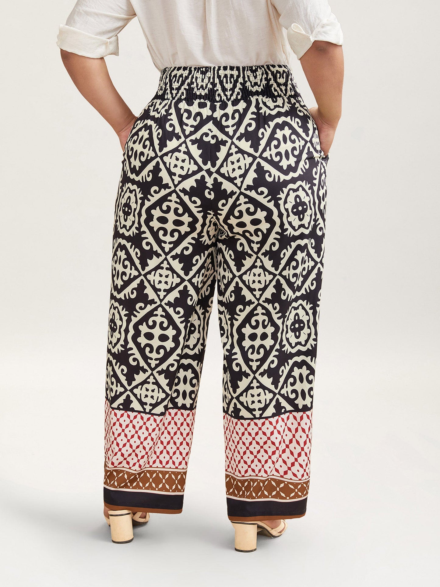 Ornate Print Contrast Hem Straight Leg Pants