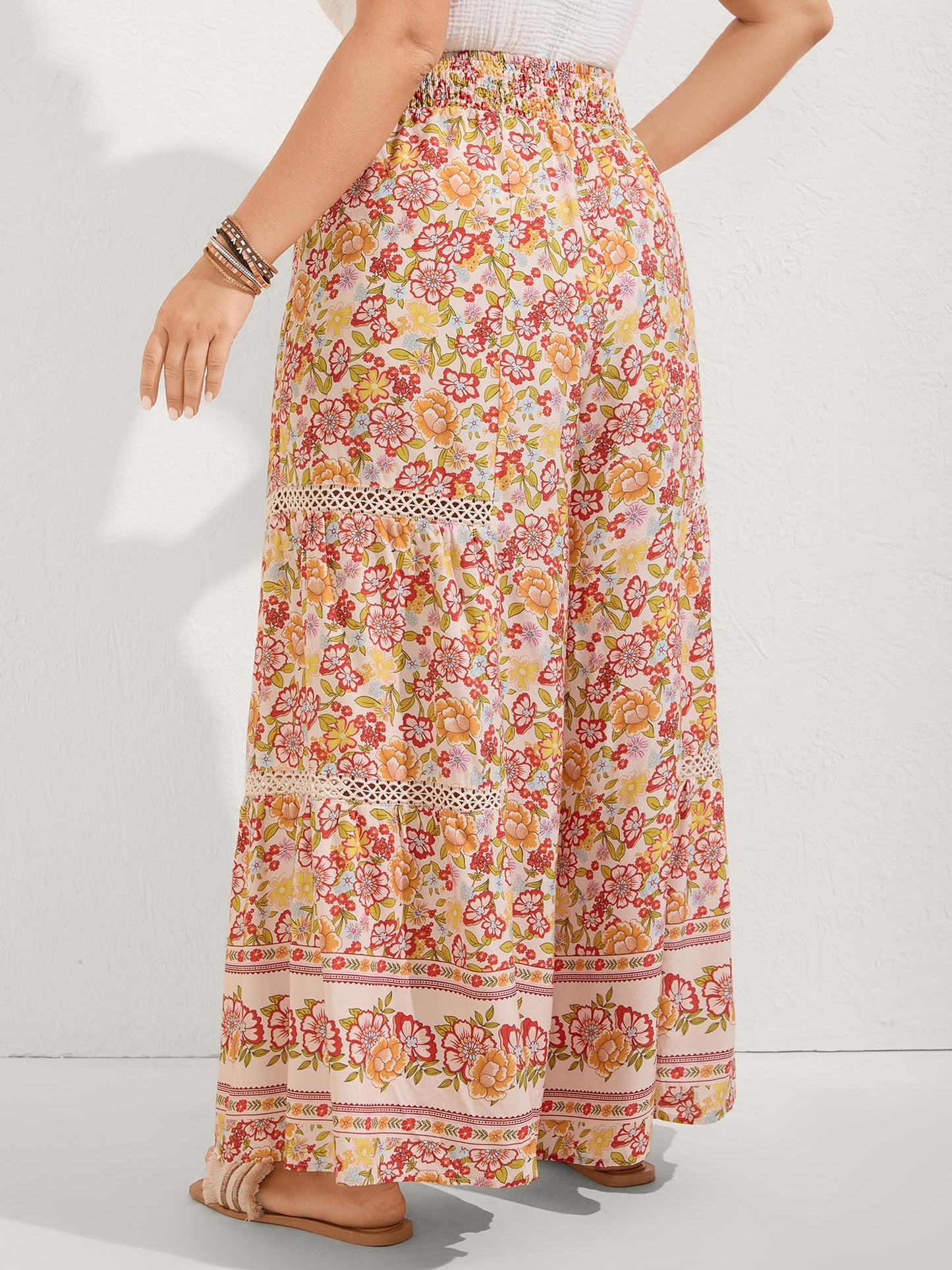 Floral Lace Trim Flowy Wide-Leg Pants