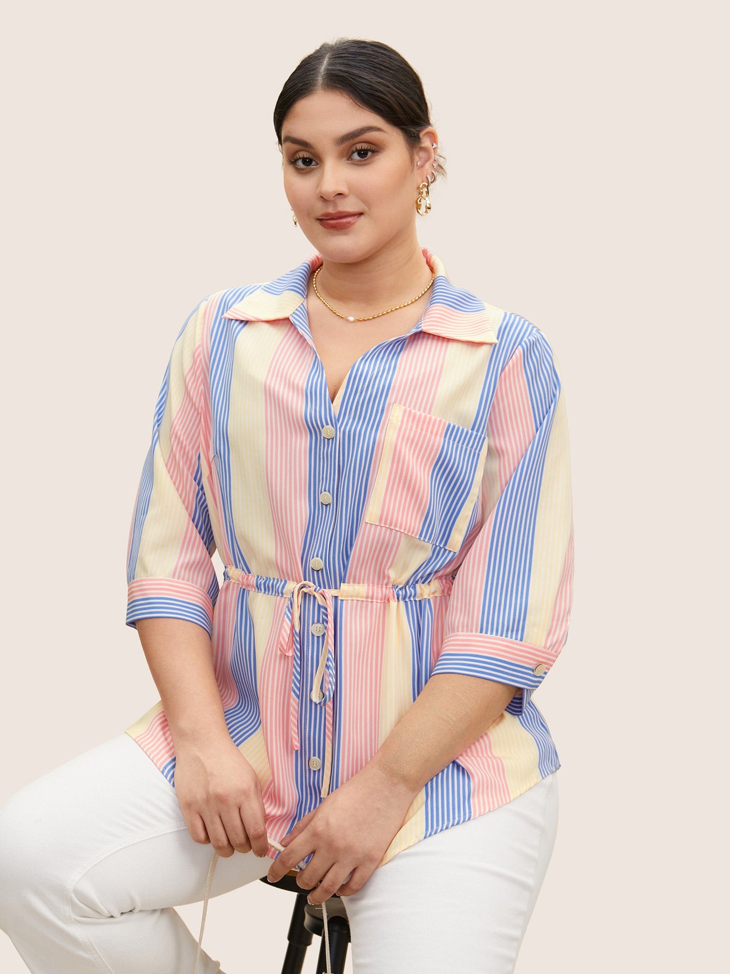 Contrast Striped Drawstring Patched Pocket Blouse