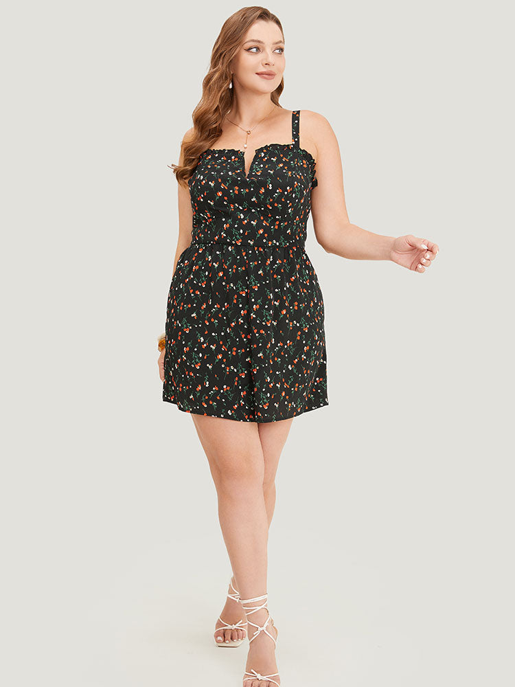Ditsy Floral Pocket Notched Lettuce Trim Cami Romper
