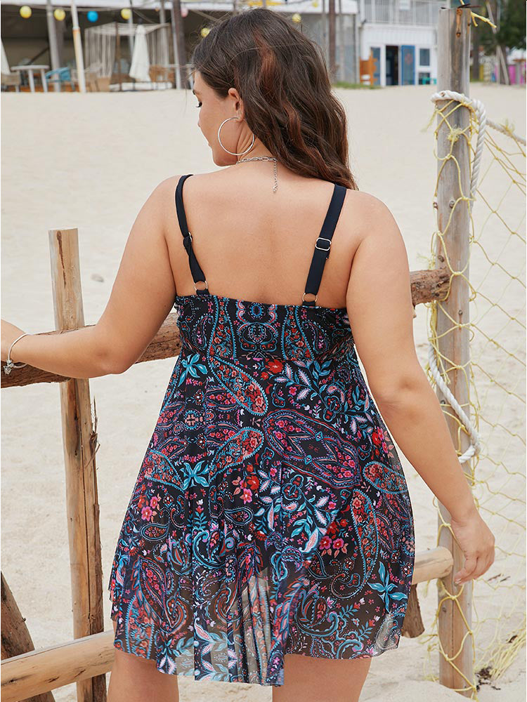 Paisley Print Split Ruffle Hem Swim Dress