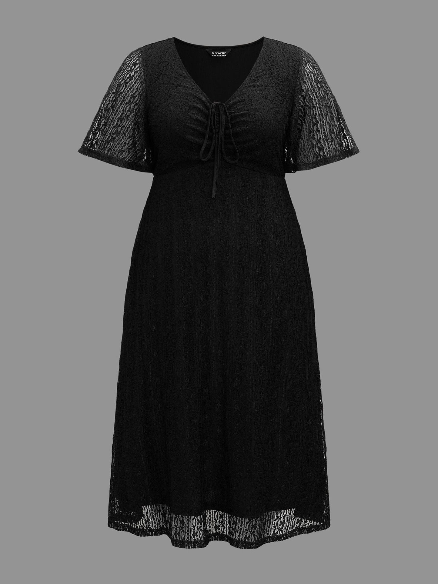 Lace V-Neck Bow Drawstring Midi Dress