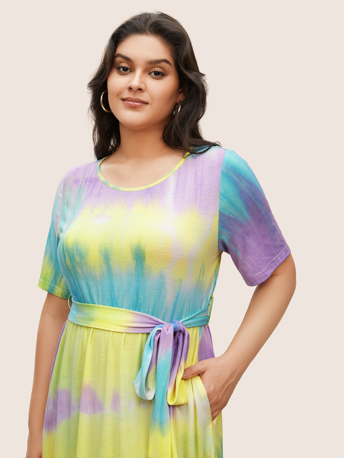 Round Neck Tie Dye Belted Pocket Dress