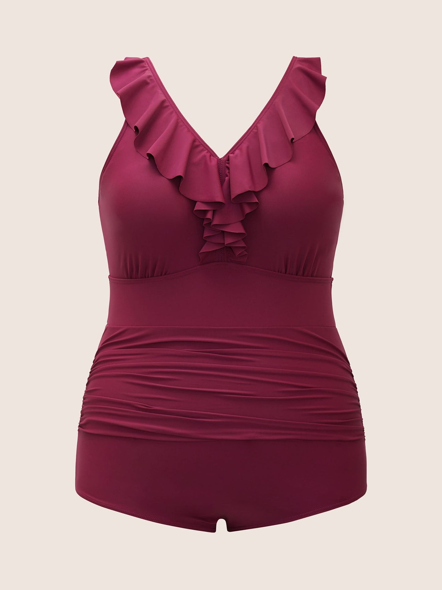 Plain Ruffle Trim Gathered Sleeveless One Piece Swimsuit
