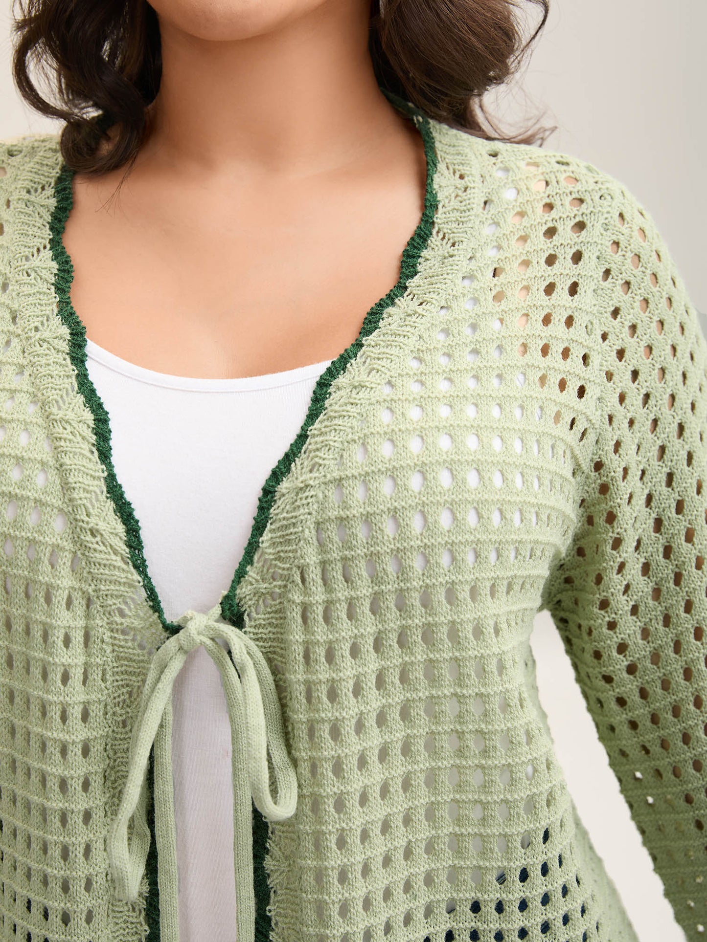 Contrast Hem Front Mid Tie Knit Cardigan