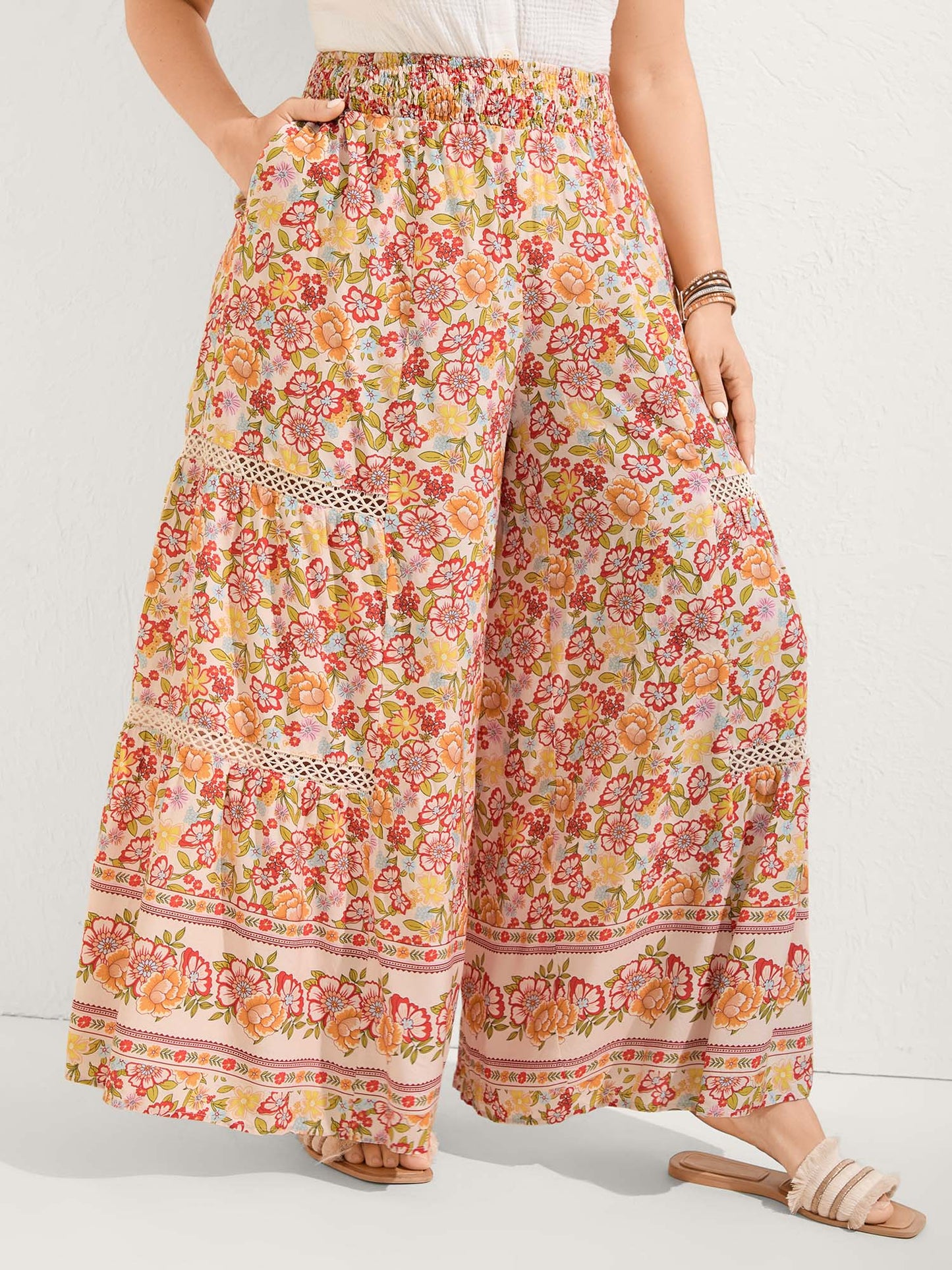 Floral Lace Trim Flowy Wide-Leg Pants