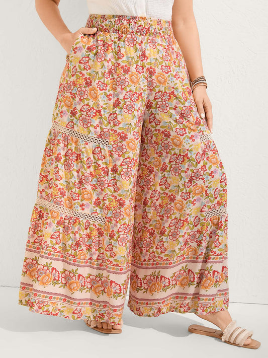 Floral Lace Trim Flowy Wide-Leg Pants