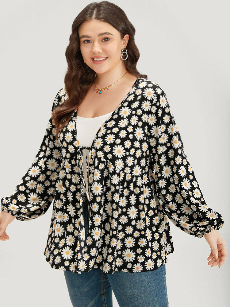Daisy Floral Ties Front Elastic Cuffs Kimono