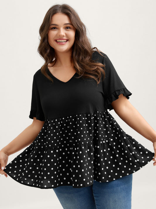 Stretchy Polka Dots Contrast Knit Top