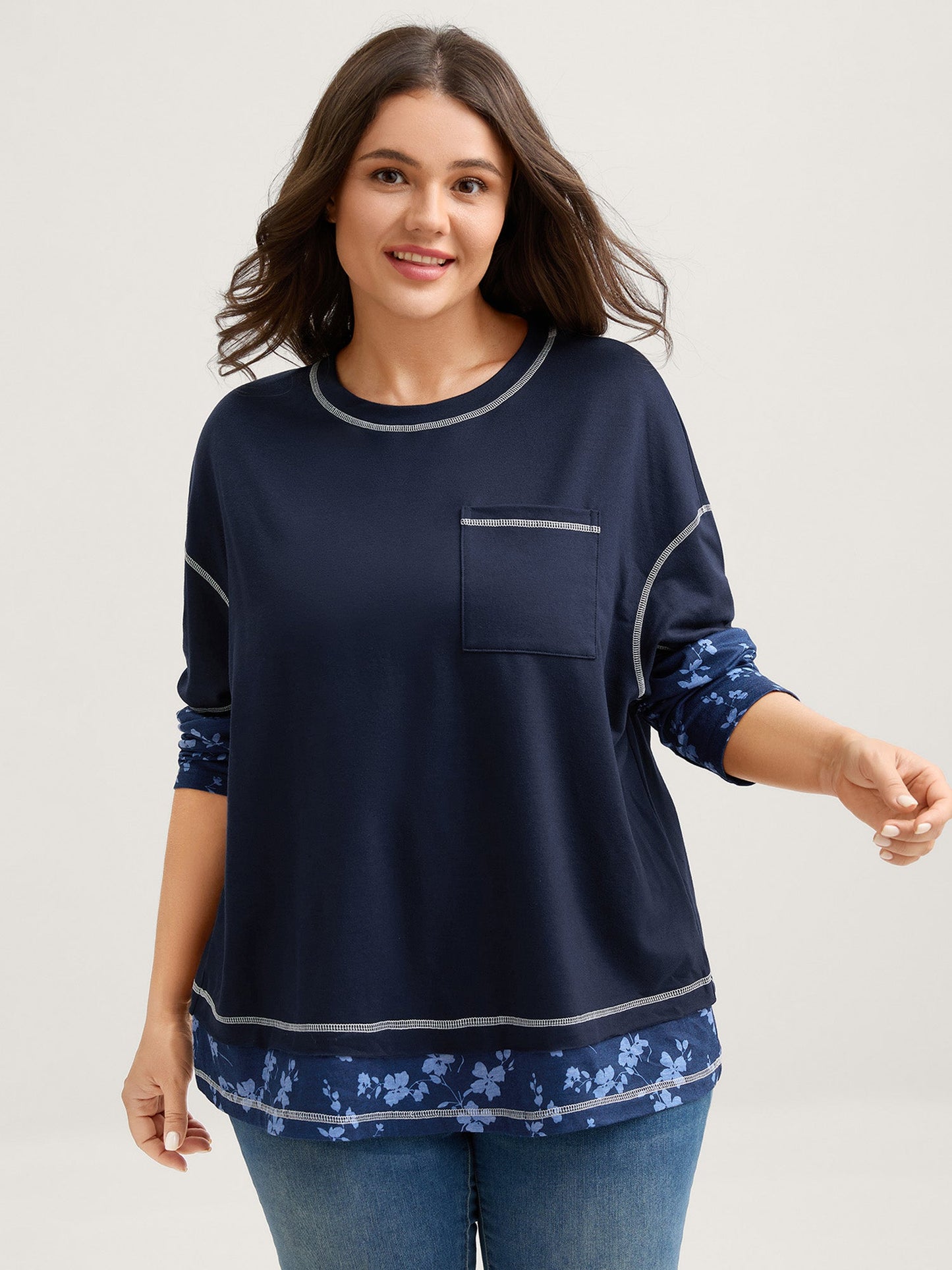 Patchwork Sleeve Floral Spliced Sweatshirt