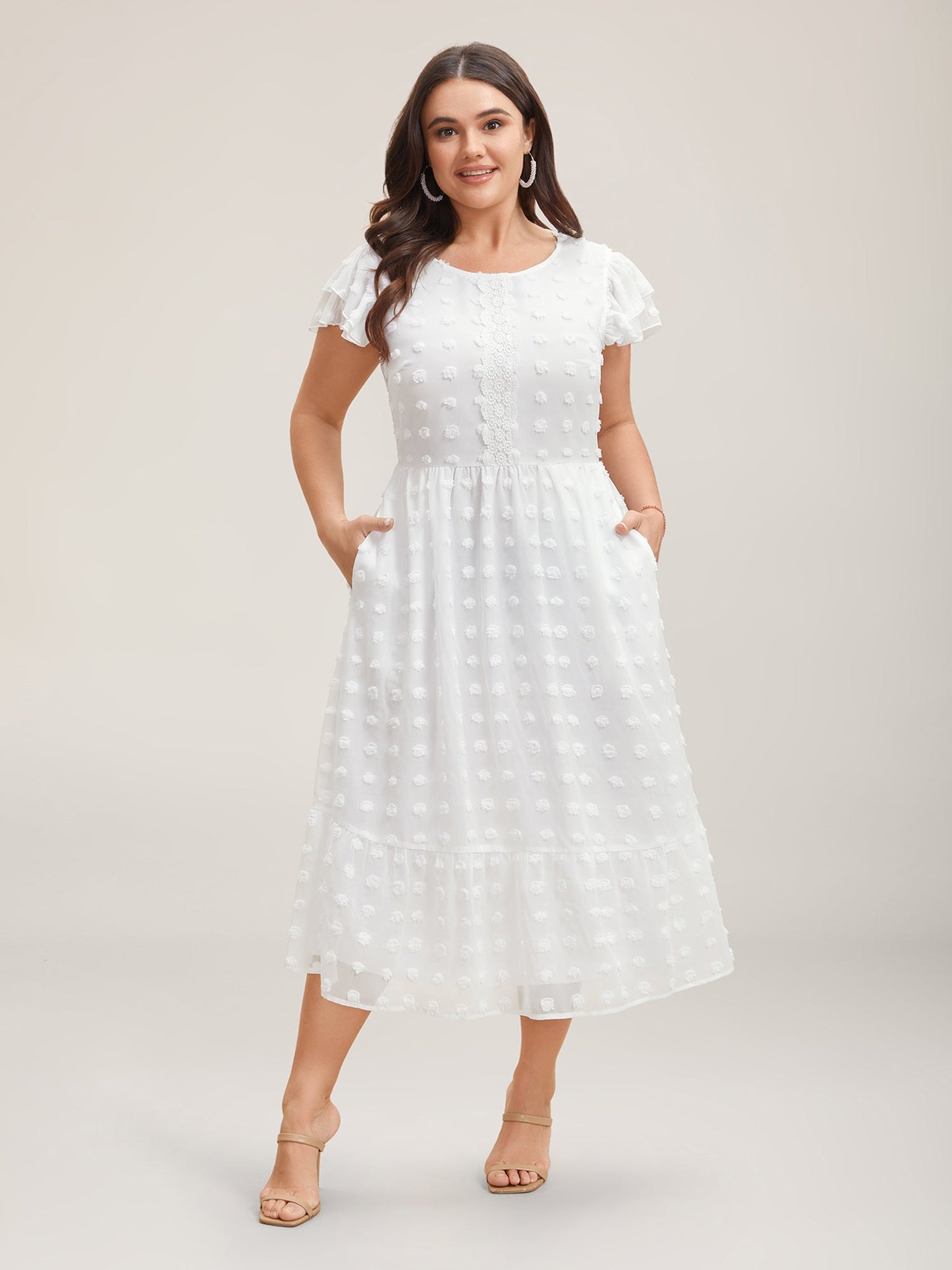 Textured Plain Tiered Ruffles Sleeve Dress