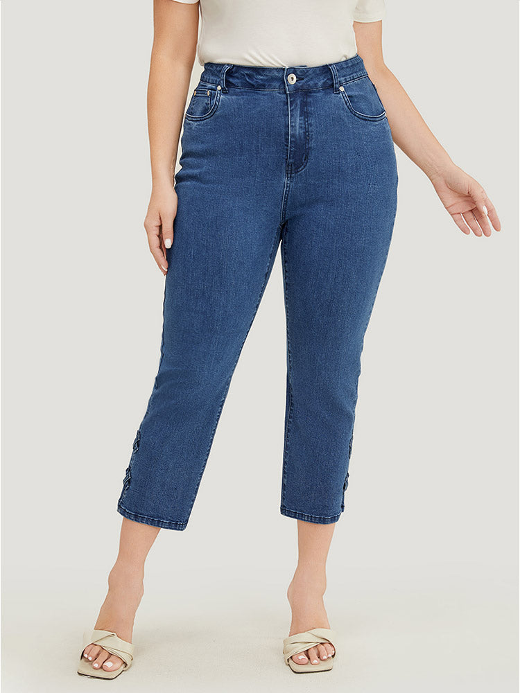 Very Stretchy Medium Wash Patched Detail Cut Out Jeans