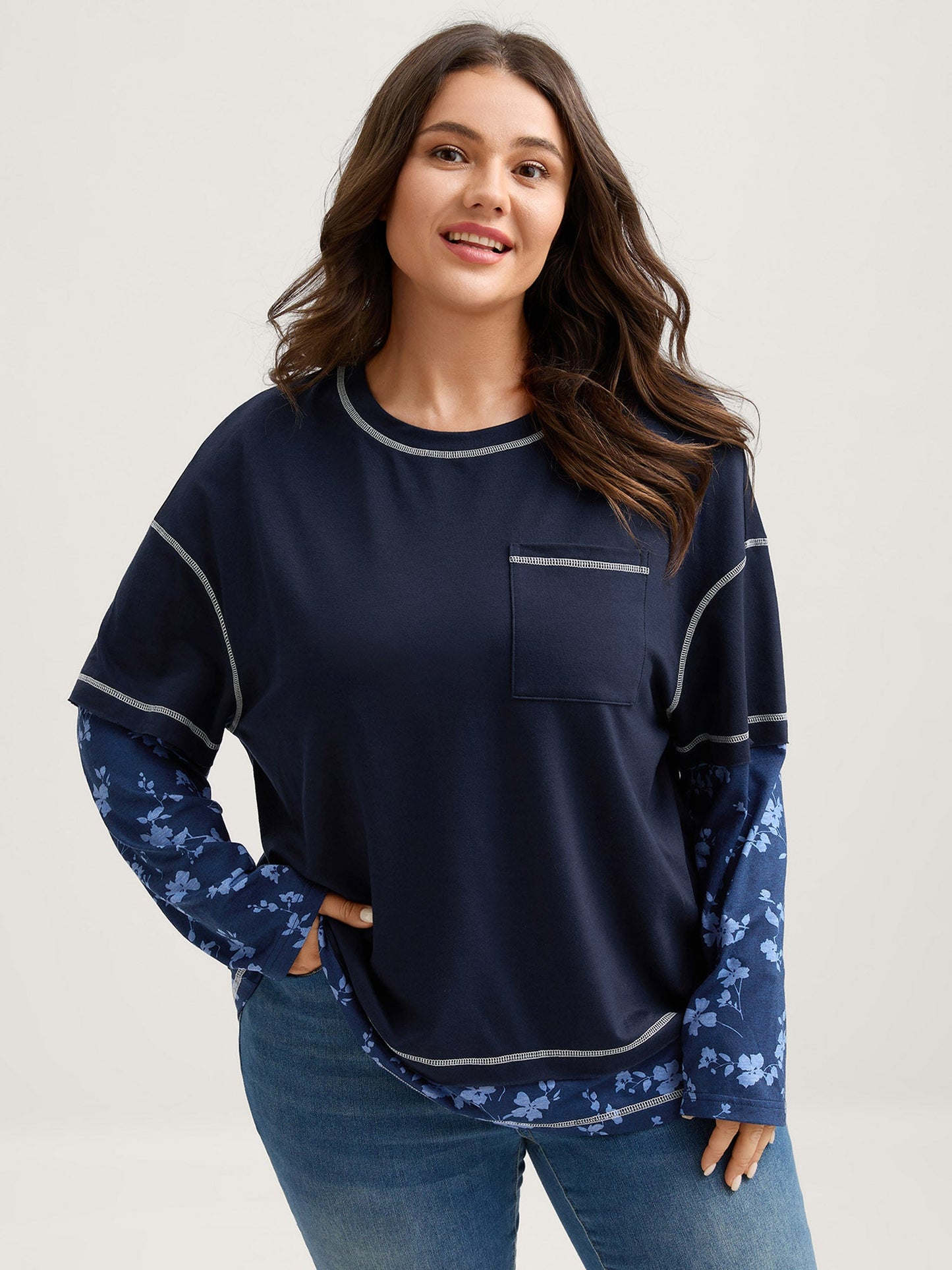Patchwork Sleeve Floral Spliced Sweatshirt