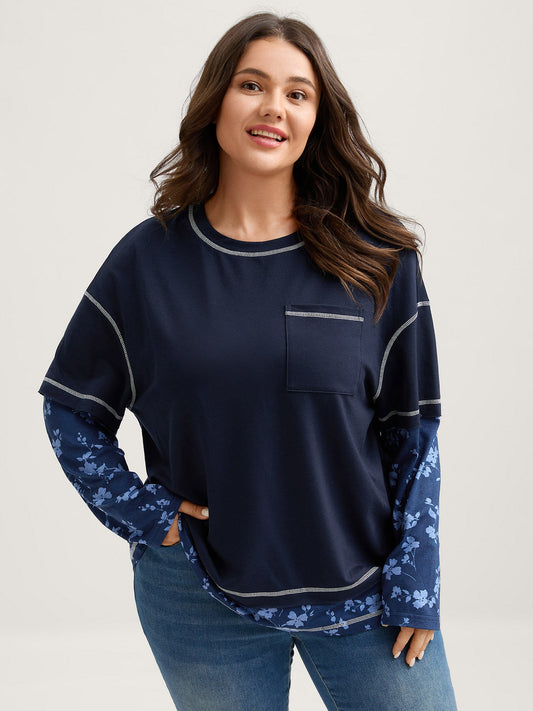 Patchwork Sleeve Floral Spliced Sweatshirt