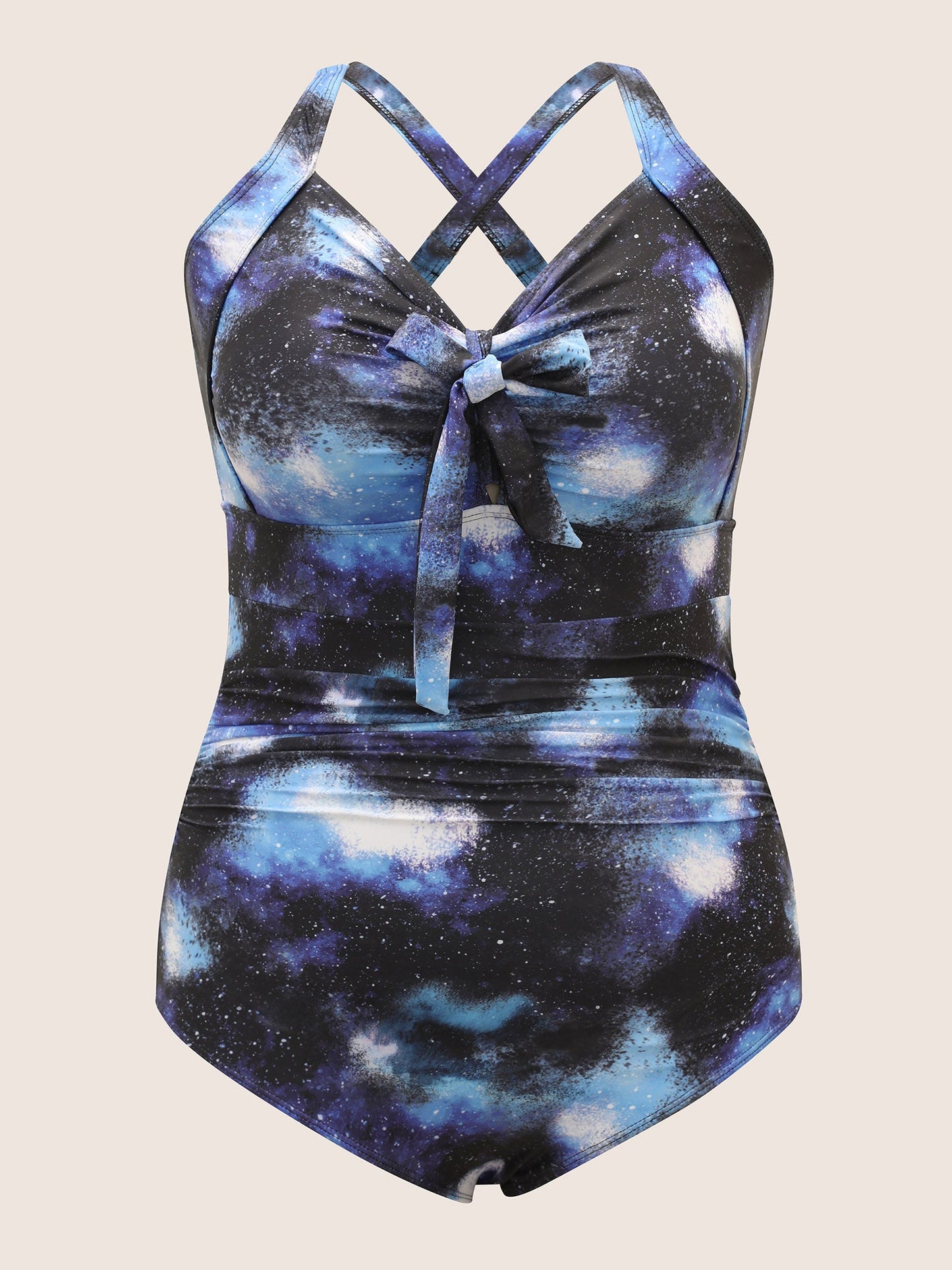 Starry Sky Print Knotted Gathered One Piece Swimsuit