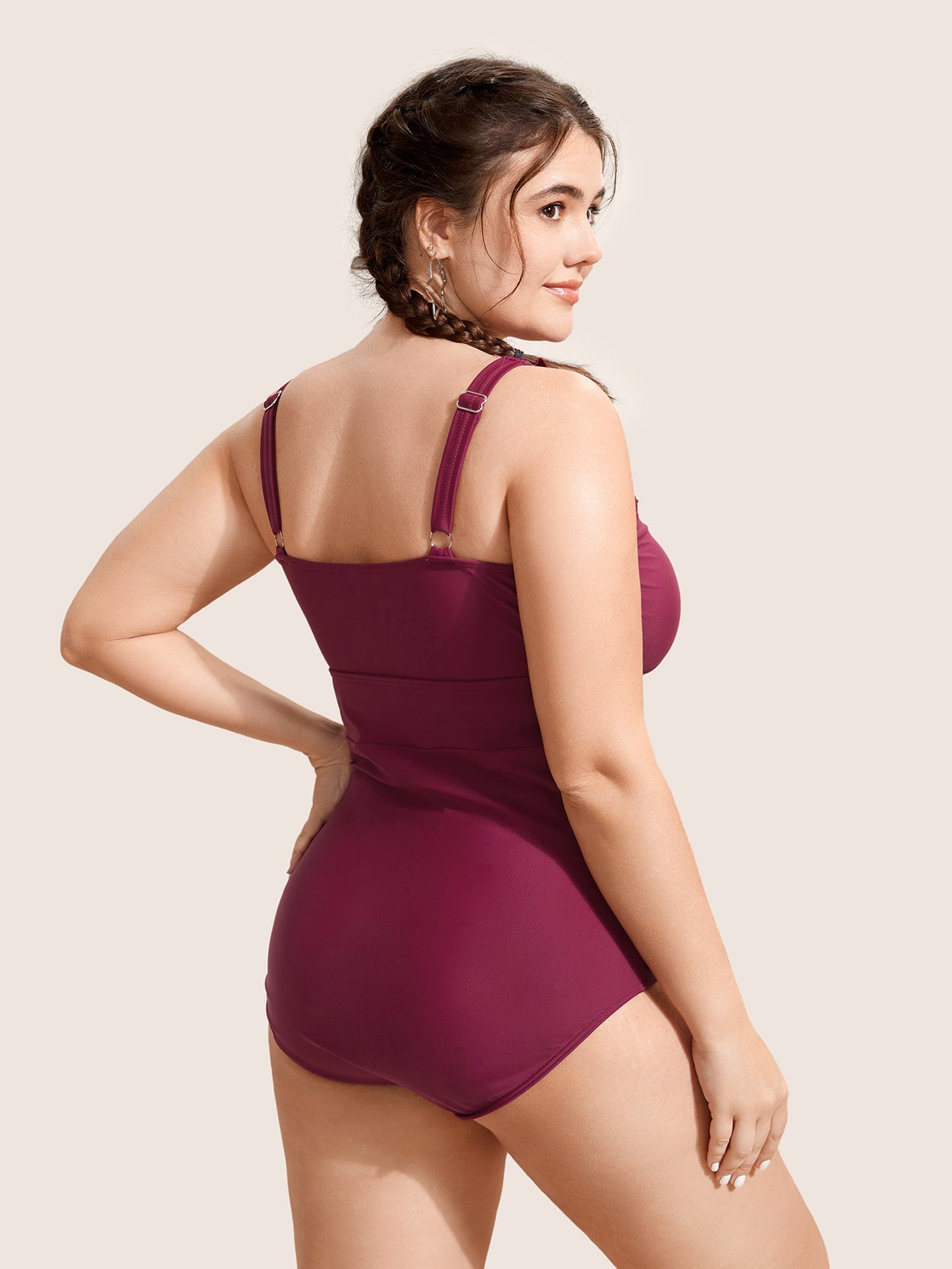 Plain Ruffle Trim Gathered Sleeveless One Piece Swimsuit