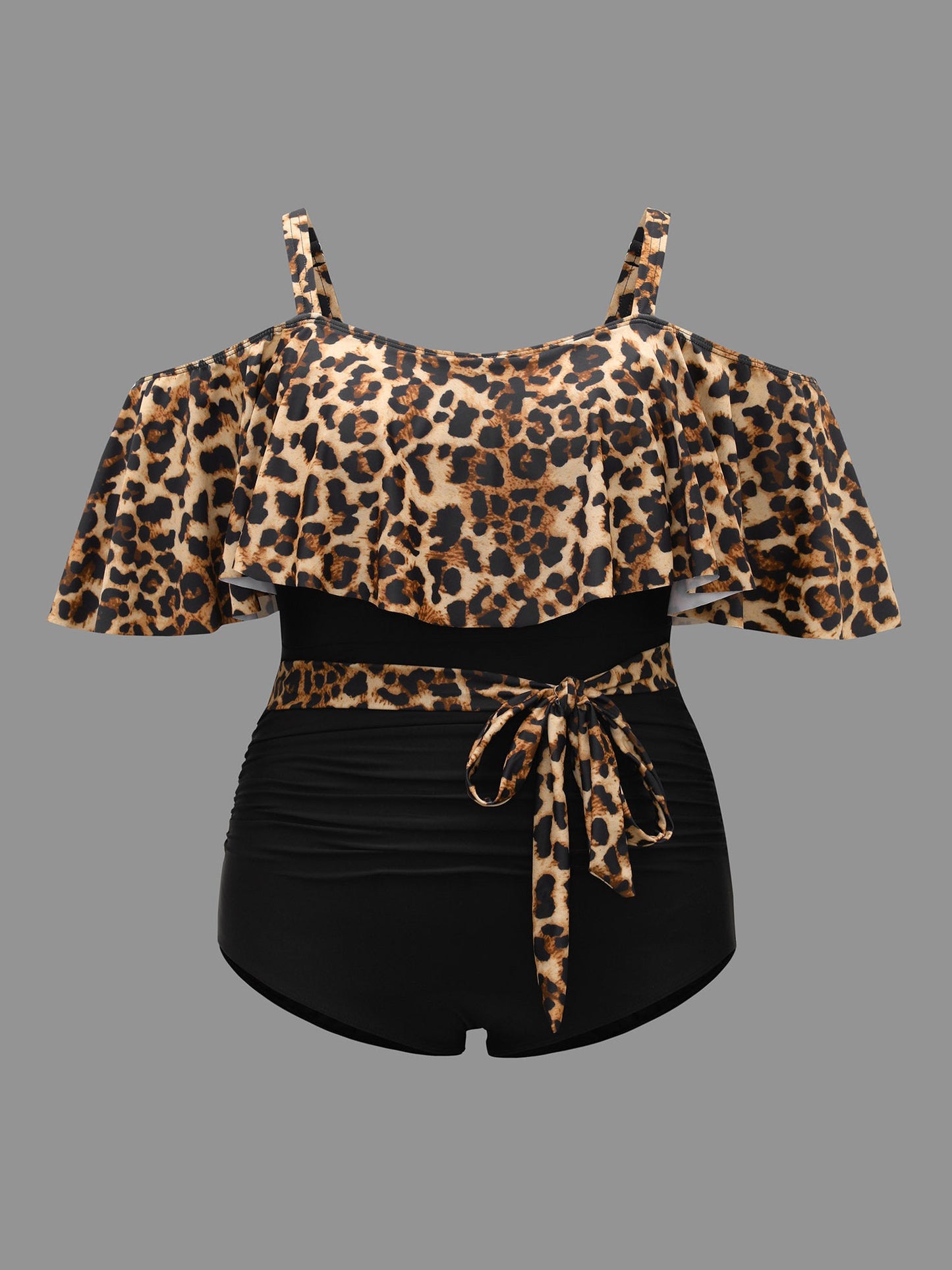 Leopard Print Tiered Ruffles Belted One-Piece Swimsuit