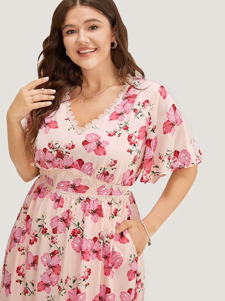Floral Print Lace Pocket Ruffle Hem Empire Waist Dress
