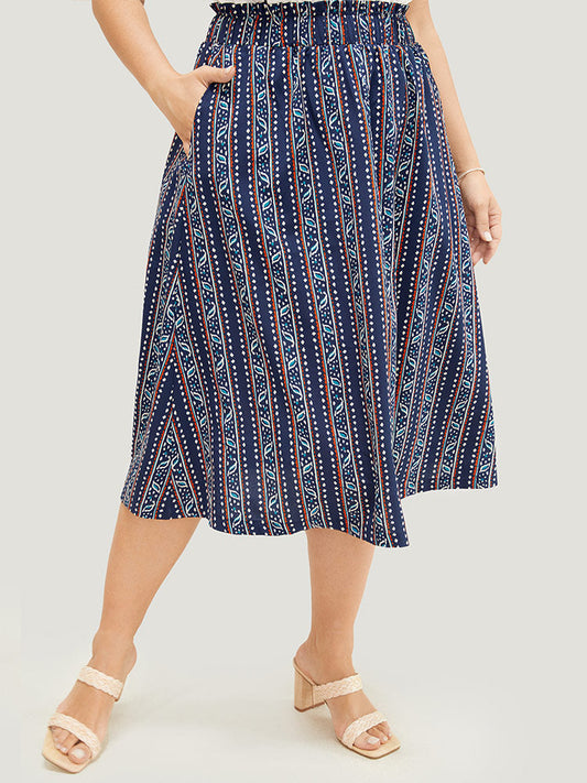 Striped Print Pocket Paperbag Waist Skirt
