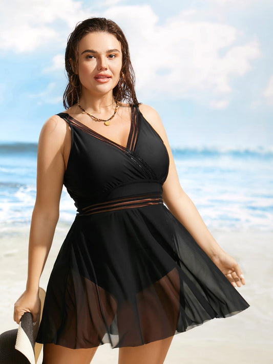 Overlap Collar See Through Patchwork Swim Dress