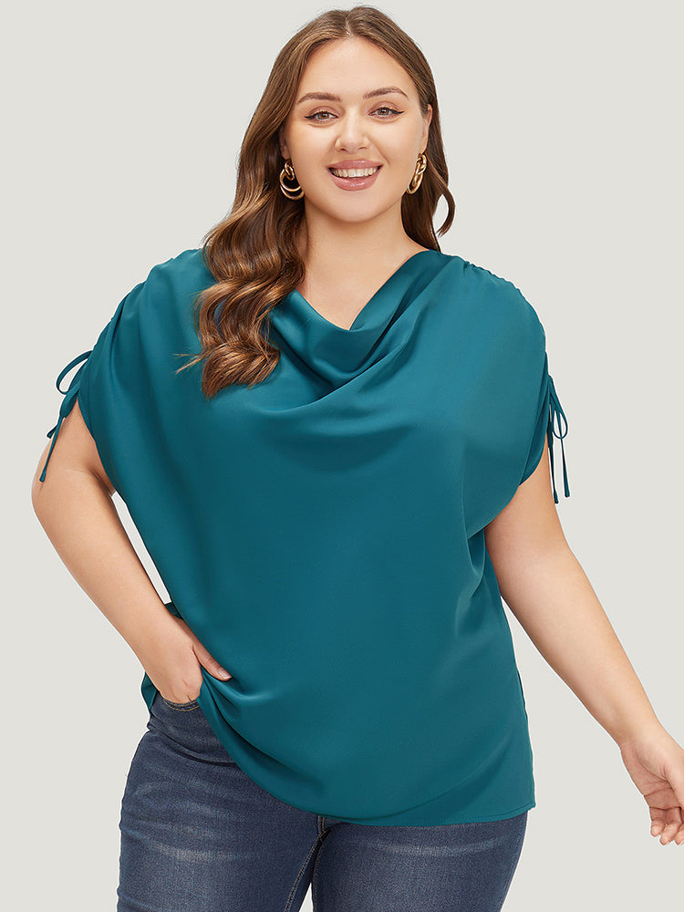 Solid Cowl Neck Drawstring Sleeve Blouse