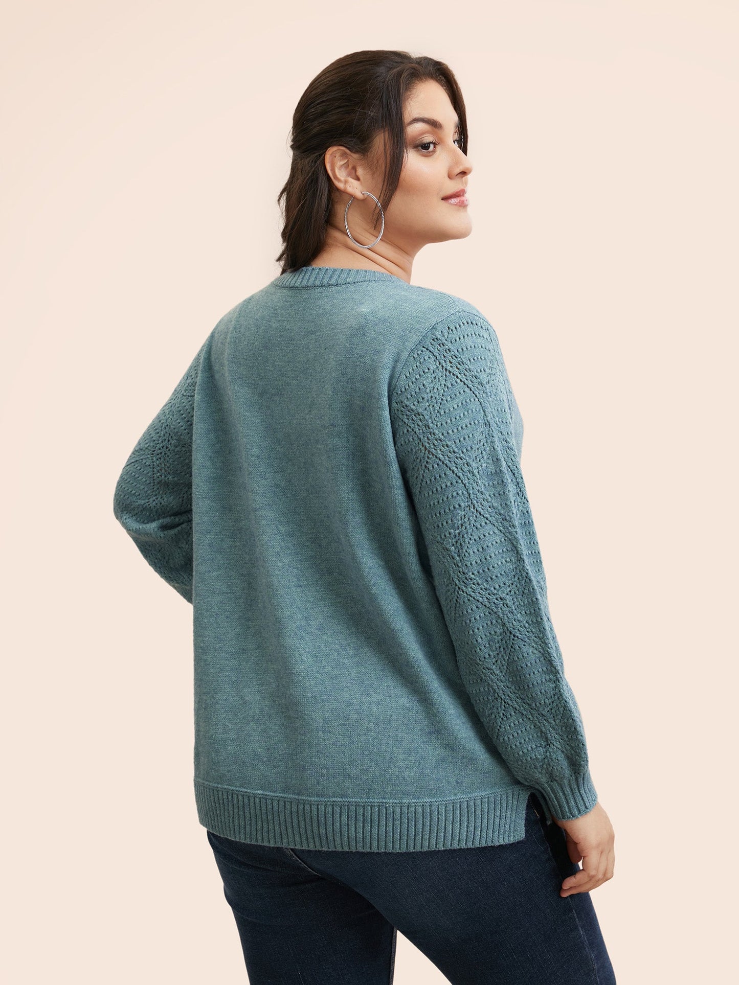 V Neck Texture Lantern Sleeve Pullover