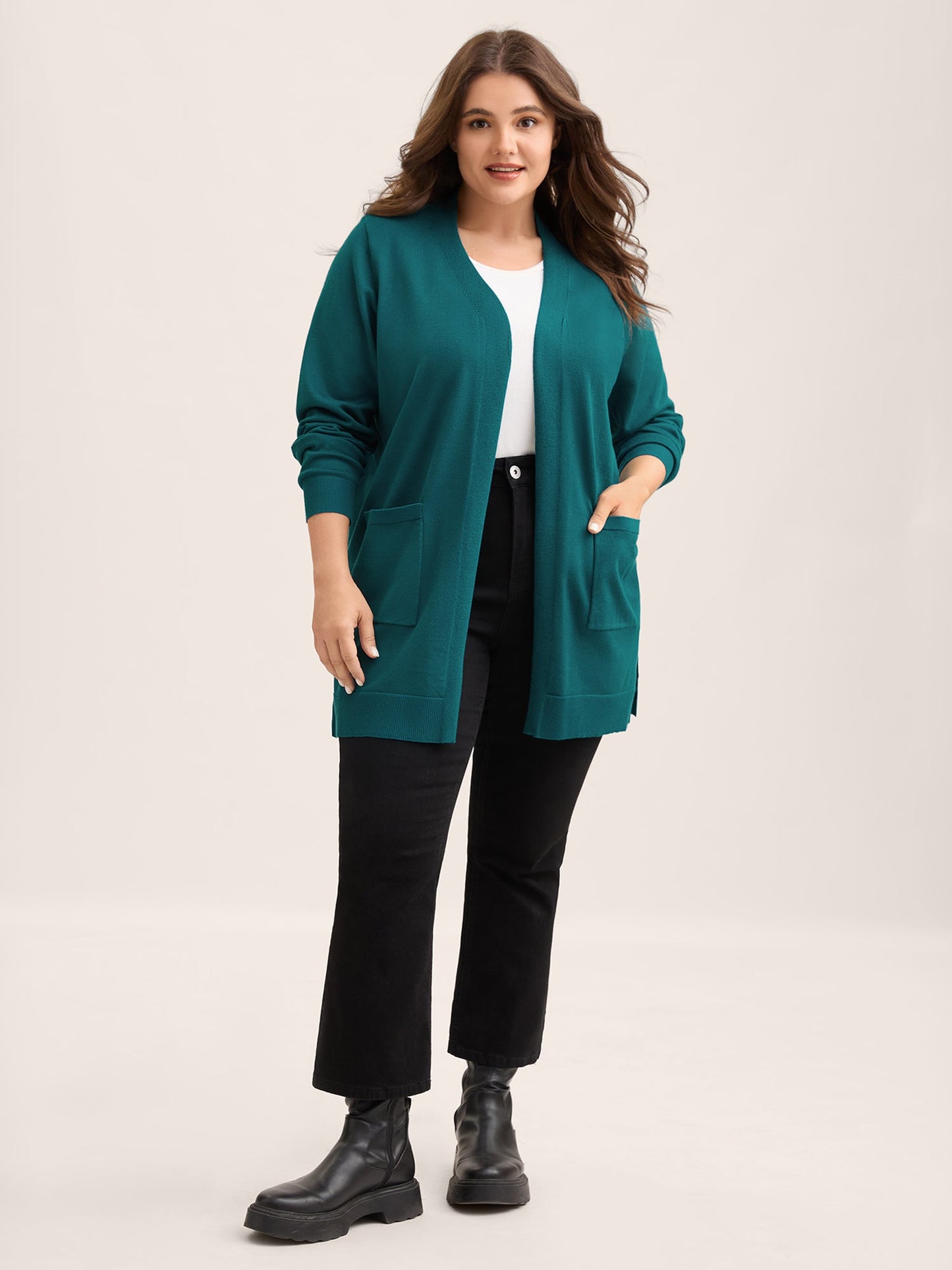 V-Neck Pockets Longline Knit Cardigan