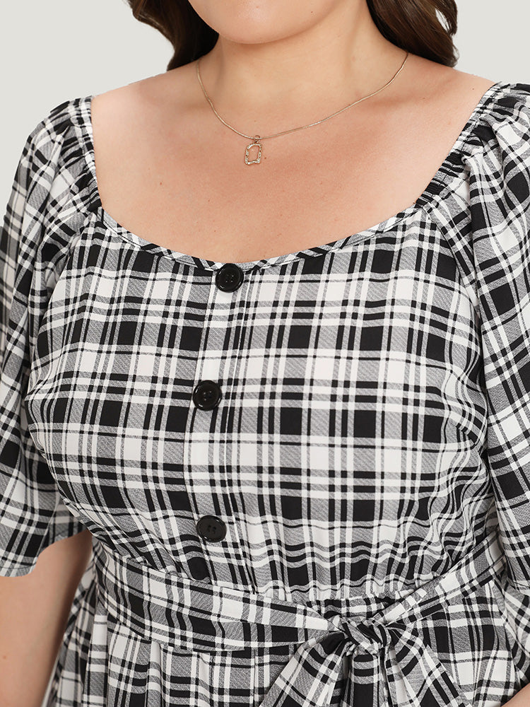 Plaid Belted Pocket Button Detail Square Neck Dress