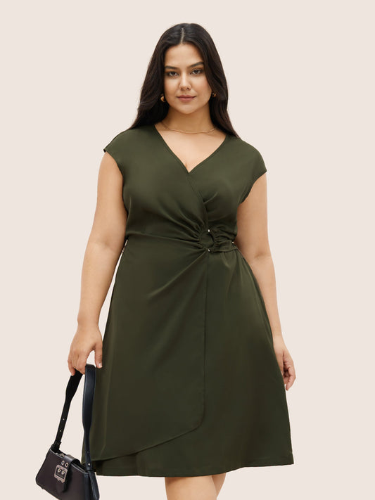 Plain Buckle Detail Overlap Collar Cap Sleeve Dress
