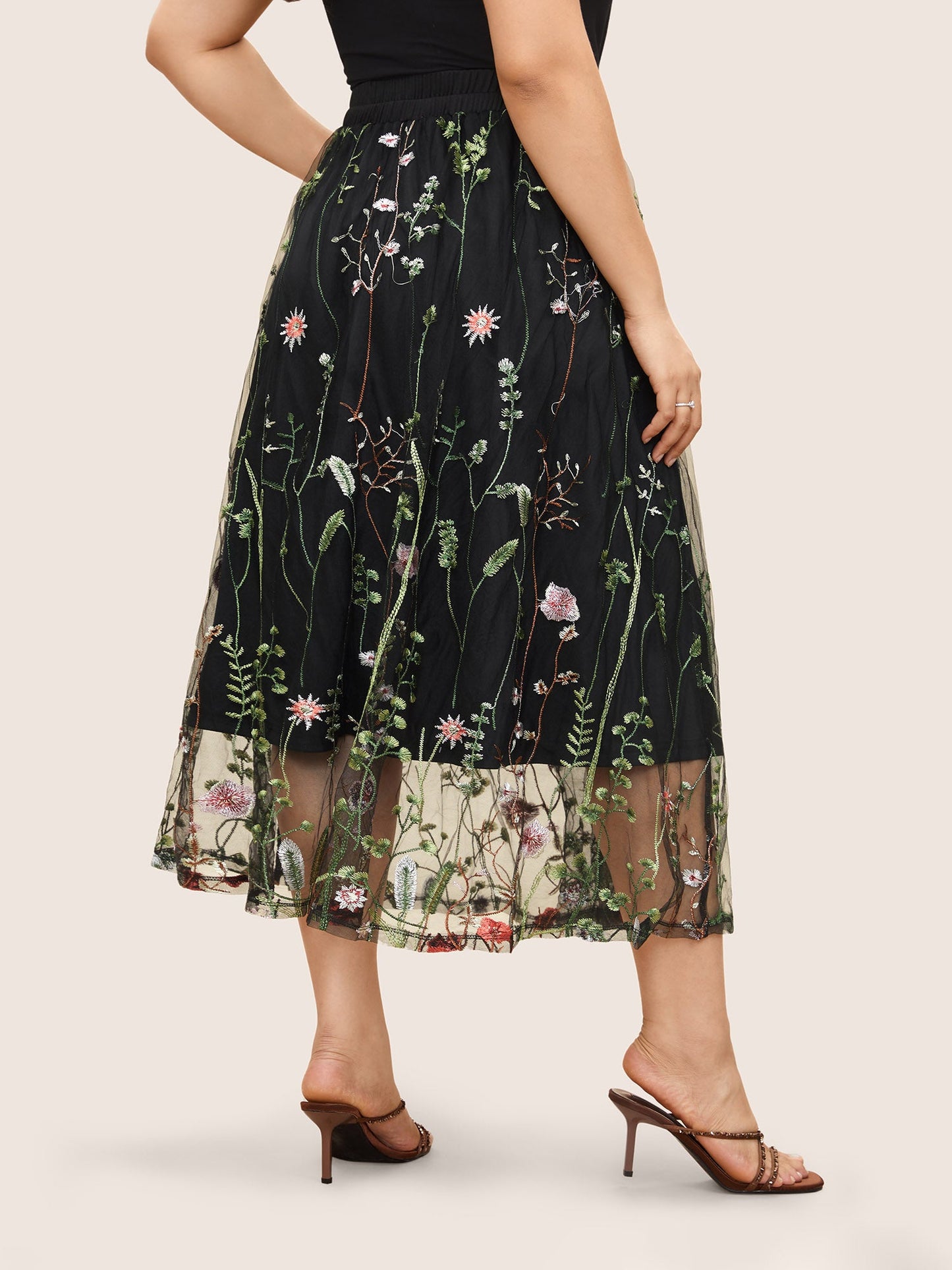 Plants Embroidered Mesh Elastic Waist Skirt